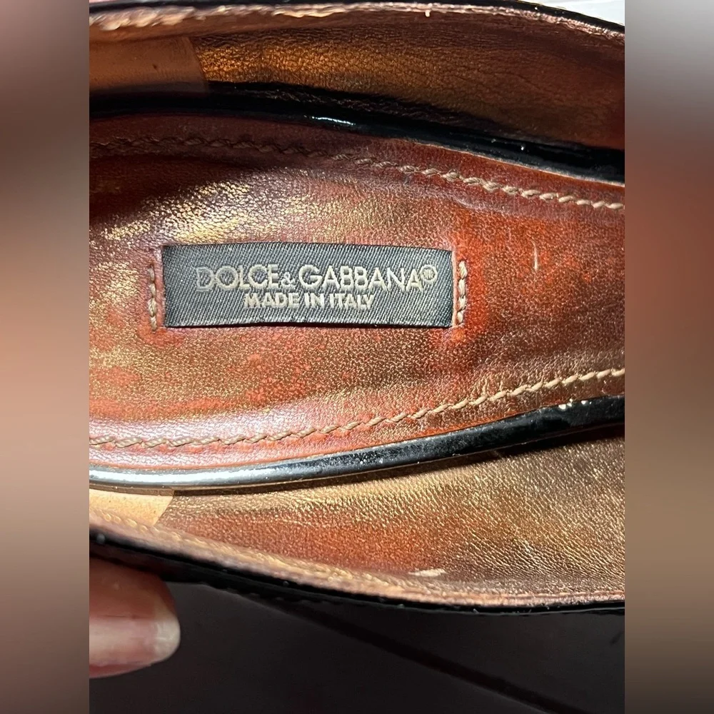 Dolce Gabbana Brown Patent Leather w‎ Gold Penny Loafer Pumps Heels Size 39 - Picture 11 of 12